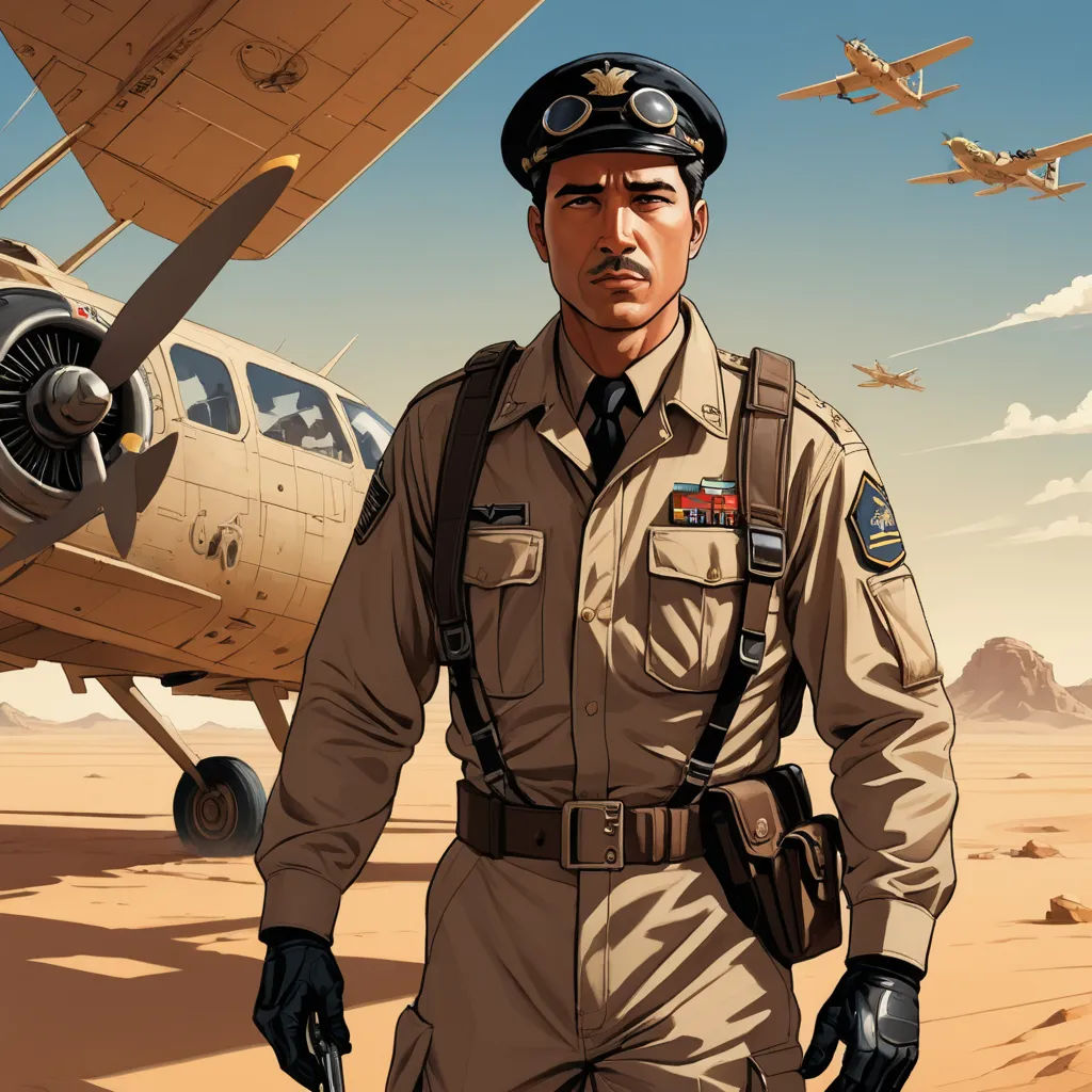 a man in uniform standing next to a plane in the desert with another plane in the background and another plane in the background, retrofuturism, poster art, Colin Middleton, dieselpunk