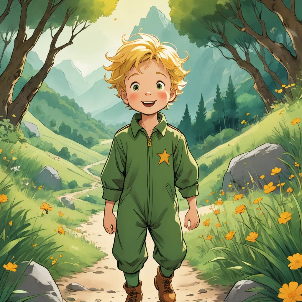 a boy in a green jumpsuit standing on a path in a forest with yellow flowers and trees on both sides, magic realism, a storybook illustration, Diego Gisbert Llorens, official art