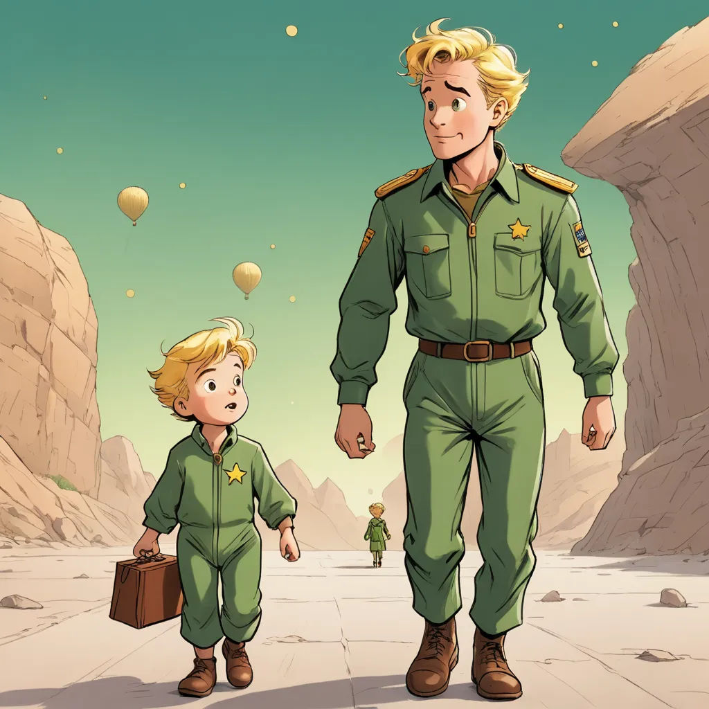 a man in a military uniform walking with a boy in a suit and tie on a desert landscape with balloons in the sky, space art, a storybook illustration, Brothers Hildebrandt, official art