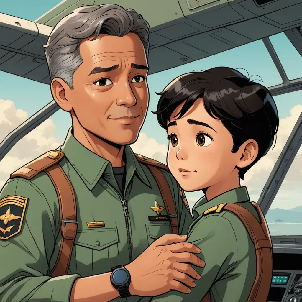 a man and a boy are standing in front of a plane and looking at the camera with a smile, sots art, a comic book panel, Cliff Childs, graphic novel