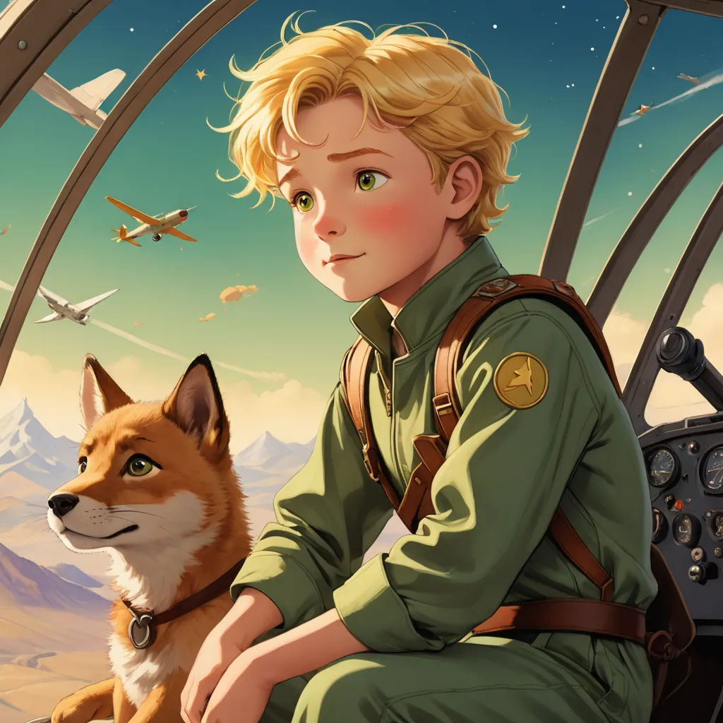 a boy in a pilot's uniform sitting next to a dog in a cockpit with a plane in the background, furry art, a storybook illustration, Aaron Jasinski, cushart krenz