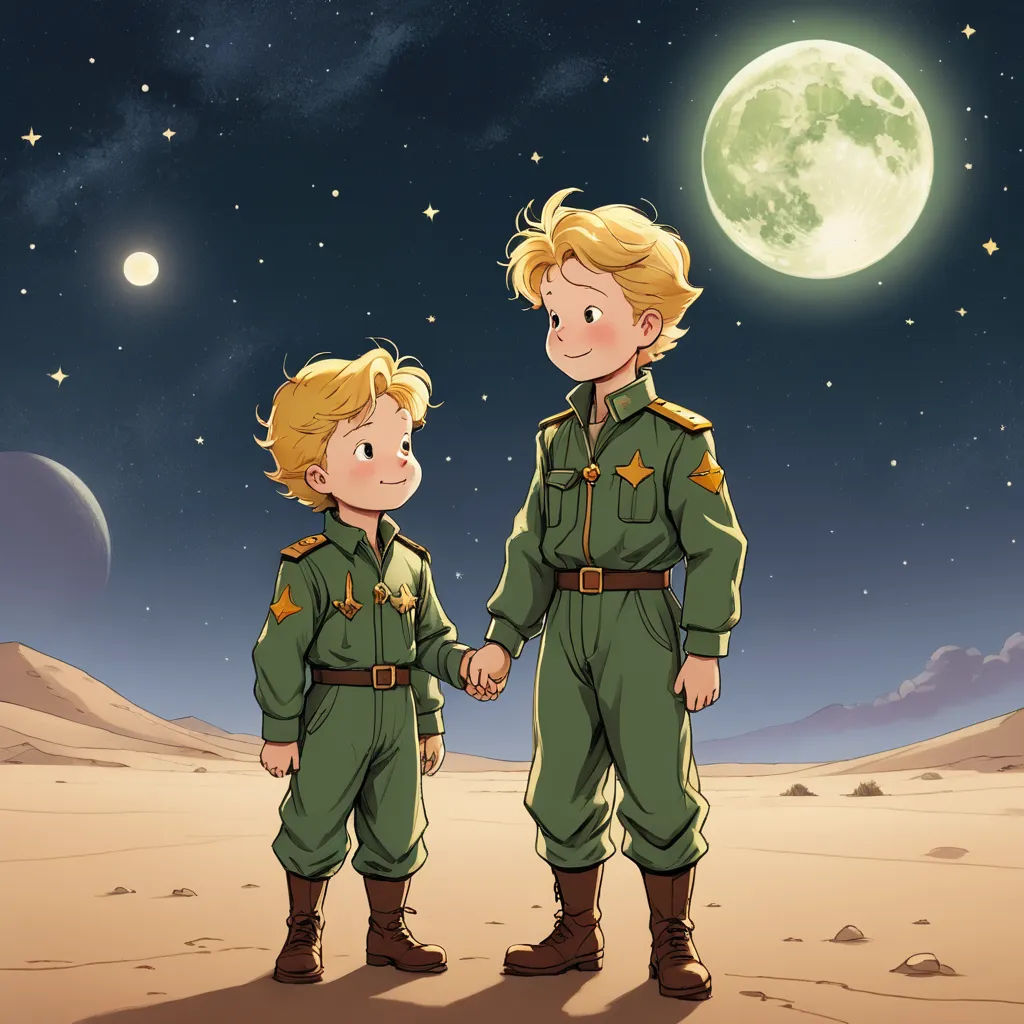 two boys in military uniforms standing in the desert under a full moon and stars sky with a full moon in the background, space art, a storybook illustration, Brothers Hildebrandt, official art