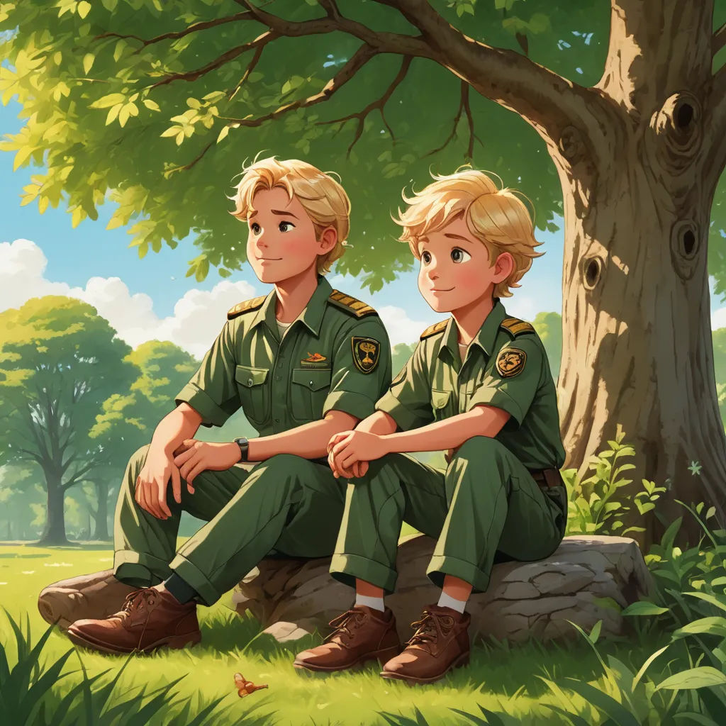a couple of people sitting on top of a tree next to a forest filled with trees and grass and a tree, sots art, a storybook illustration, Brothers Hildebrandt, official art