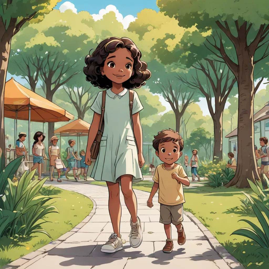 a woman and a child walking down a sidewalk in a park with people in the background and trees and grass, paris school, a storybook illustration, Chris LaBrooy, official art