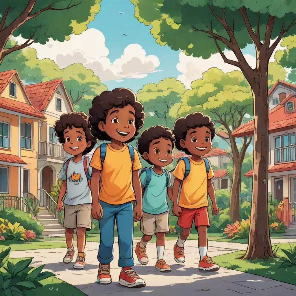 a group of children standing in front of a tree in a neighborhood with houses and trees in the background, lyco art, a storybook illustration, Chris LaBrooy, official art