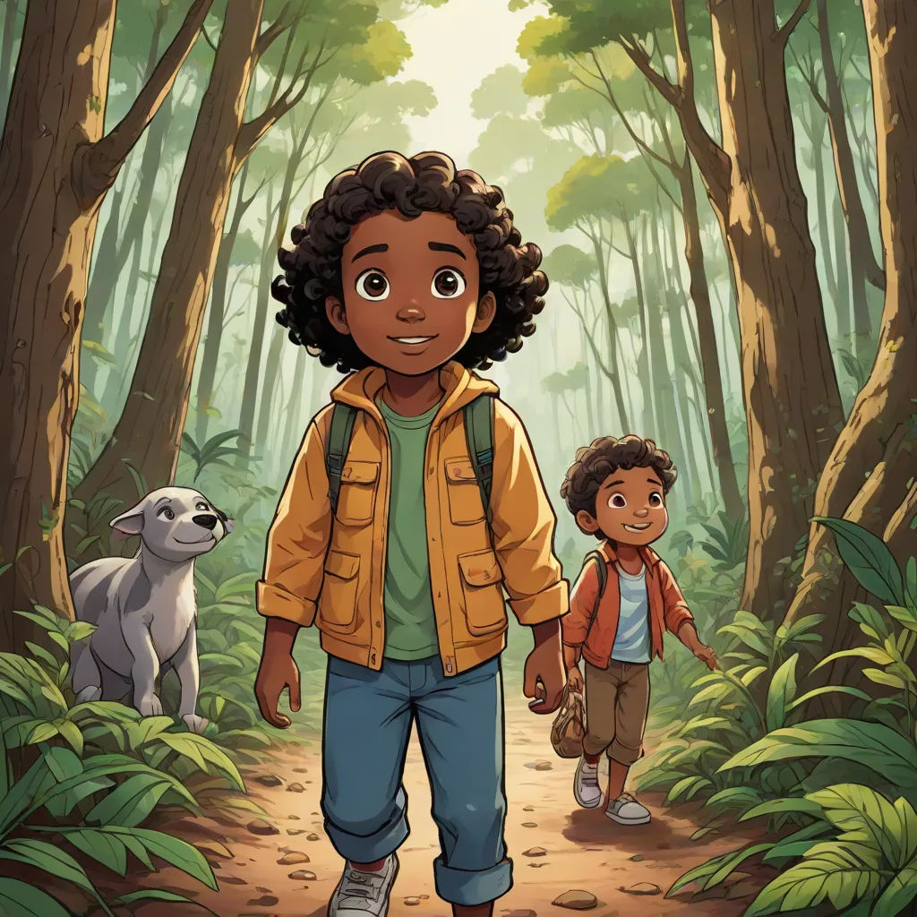 a boy and a boy walking through a forest with a dog on a leash behind them, and a dog on the other side of the path, process art, a storybook illustration, Felix-Kelly, comic cover art