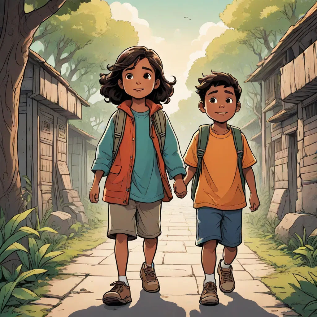 a boy and a girl walking down a street holding hands and holding hands with each other, with a small village in the background, process art, a storybook illustration, Diego Gisbert Llorens, comic cover art