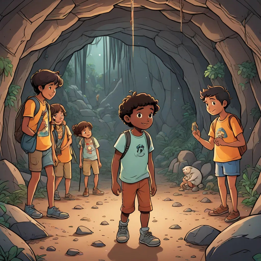a group of children standing in a cave with a light on the ceiling and a cave entrance with a cave entrance, serial art, a storybook illustration, Asaf Hanuka, comic cover art