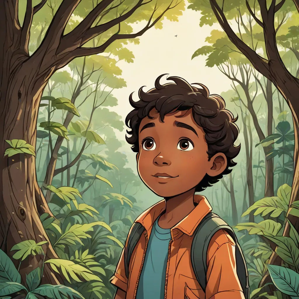 a boy in a forest with trees and plants around him, looking up at the sky and smiling at the camera, serial art, a storybook illustration, Aaron Jasinski, comic cover art