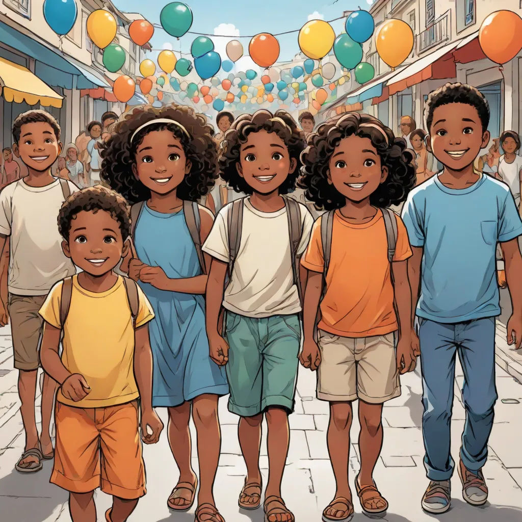 a group of children standing in a street with balloons in the background and a banner in the middle of the street, harlem renaissance, a comic book panel, Asaf Hanuka, comic cover art