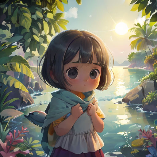 a girl standing in front of a river with a scarf around her neck and a sun shining over her shoulder