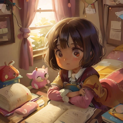 a girl sitting at a desk with a book and a stuffed animal in front of her, looking at a book