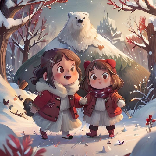 two children standing in the snow near a polar bear and a forest with trees and leaves, with a polar bear in the background