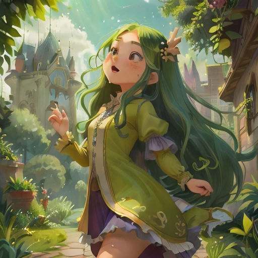 a girl in a green dress is walking through a forest with a castle in the background and a bird flying overhead