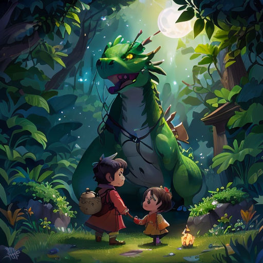 a girl and a boy are standing in front of a dragon in the woods with a fire pit in the background