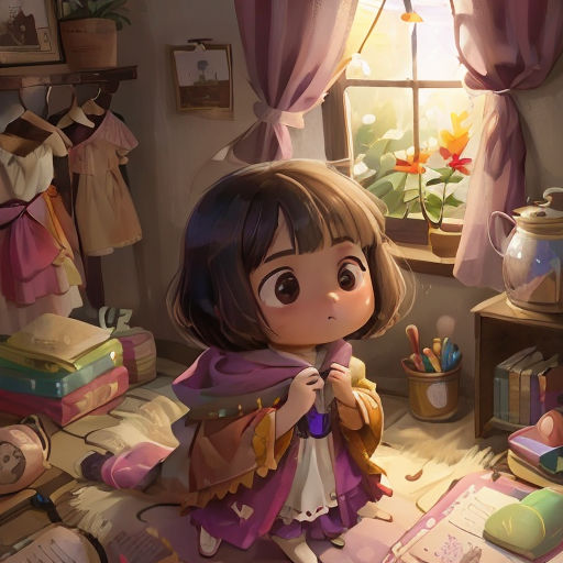 a little girl standing in a room with a window and a book on the floor next to a window