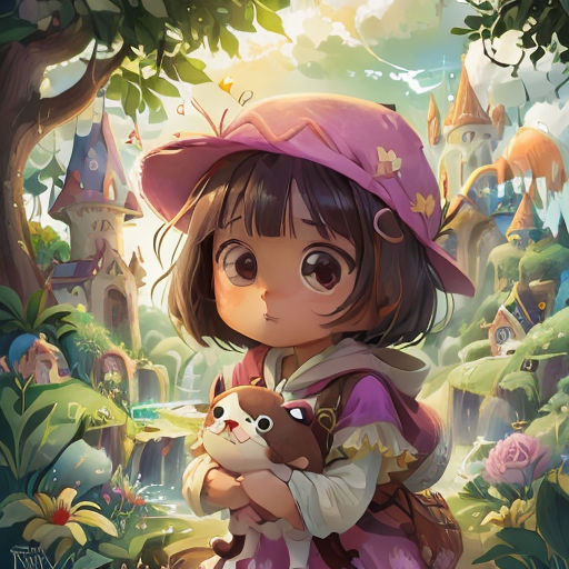 a girl holding a small animal in a forest with a castle in the background and a cat in her arms