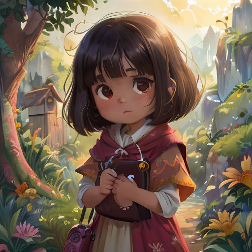 a little girl in a red dress standing in a forest with a camera in her hand and a bird on her shoulder