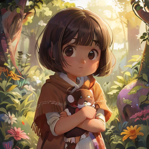 a girl holding a teddy bear in a forest with flowers and trees in the background, with a sunbeam