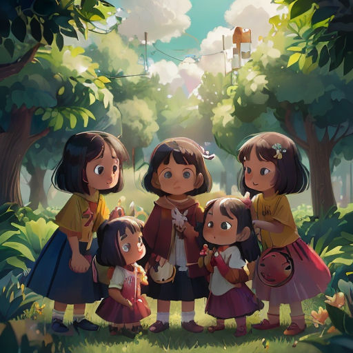 a group of children standing in the woods together, with a girl holding a bag and a boy holding a backpack