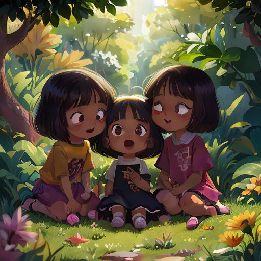 three children sitting on the ground in the woods with their faces close together and looking at something in the distance