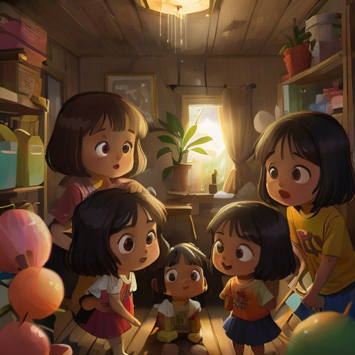 a group of children standing in a room with balloons and a light above them and a window above them