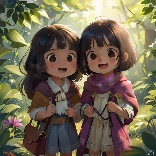 two little girls standing in the woods with a bird on their shoulder and a bird on her shoulder, both wearing brown and white