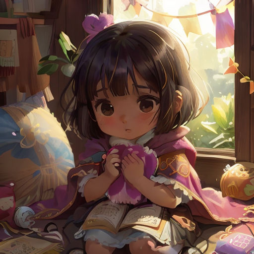 a little girl sitting on a bed with a book in her hand and a book in her lap, with a window behind her