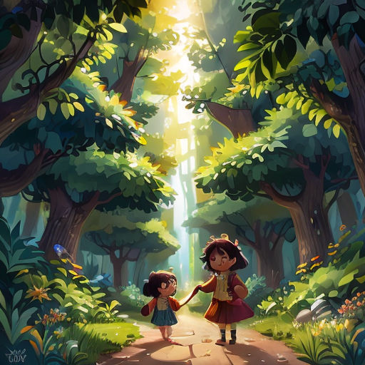 two children walking down a path in the woods holding hands and looking at the sun shining through the trees
