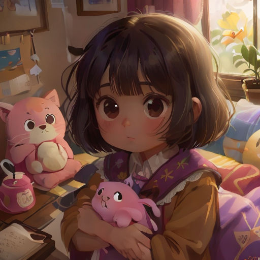 a girl holding a pink teddy bear and a pink cat sitting on a bed in a room with a window