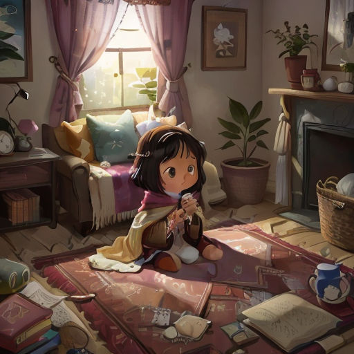 a girl sitting on a rug in a room with a fireplace and a window with curtains and a cat