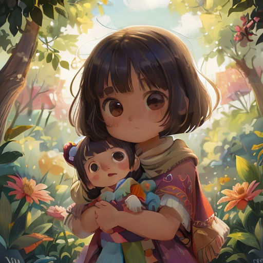 a girl holding a doll in a forest with flowers and trees in the background, with a sky background