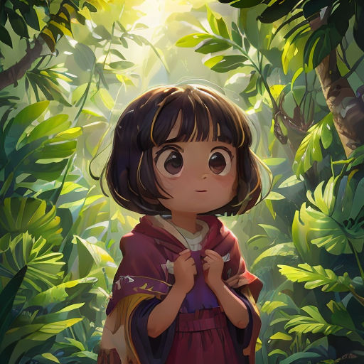 a little girl standing in the middle of a forest with a backpack on her shoulder and a backpack on her shoulder