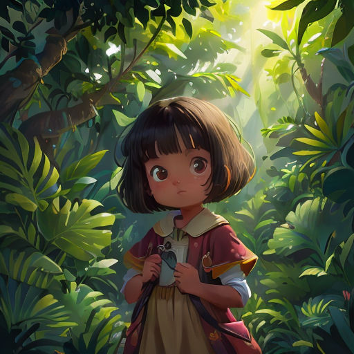 a little girl standing in the middle of a forest with a bird in her hand and a bird in her hand