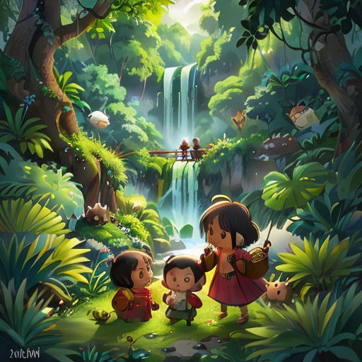 a group of children standing in front of a waterfall in the jungle with a waterfall in the background and a forest with a waterfall