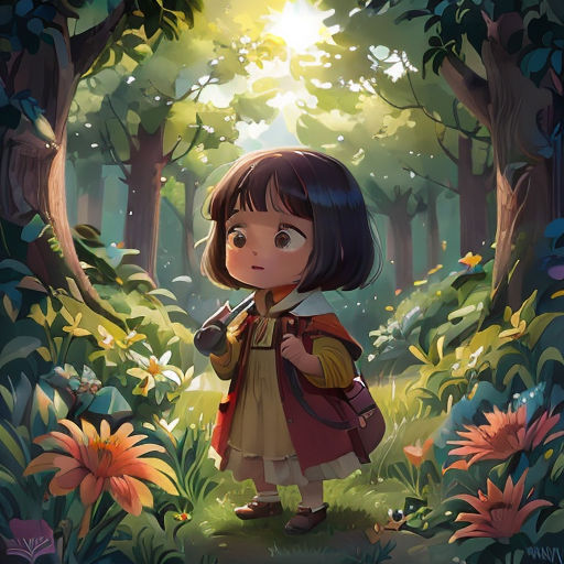 a little girl standing in the middle of a forest with a flashlight in her hand and a backpack on her shoulder