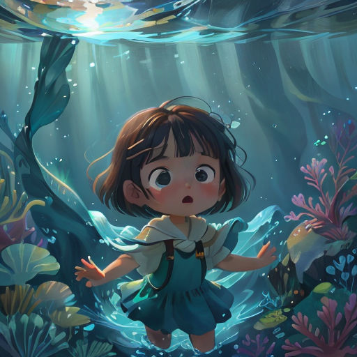a little girl is standing under the water in a underwater scene with a fish and a fish tail in the background