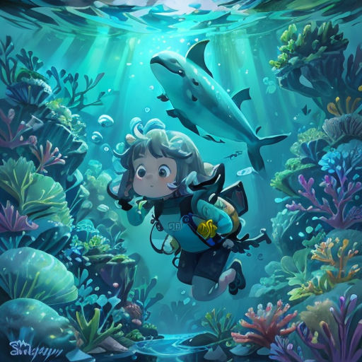 a girl scubas with a shark in the ocean under water with a scuba mask on her face and a scuba suit on