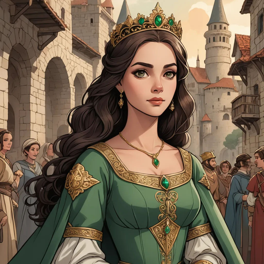 a woman in a green dress and a crown standing in front of a crowd of people in medieval dress, fantasy art, a detailed painting, Charlie Bowater, game art