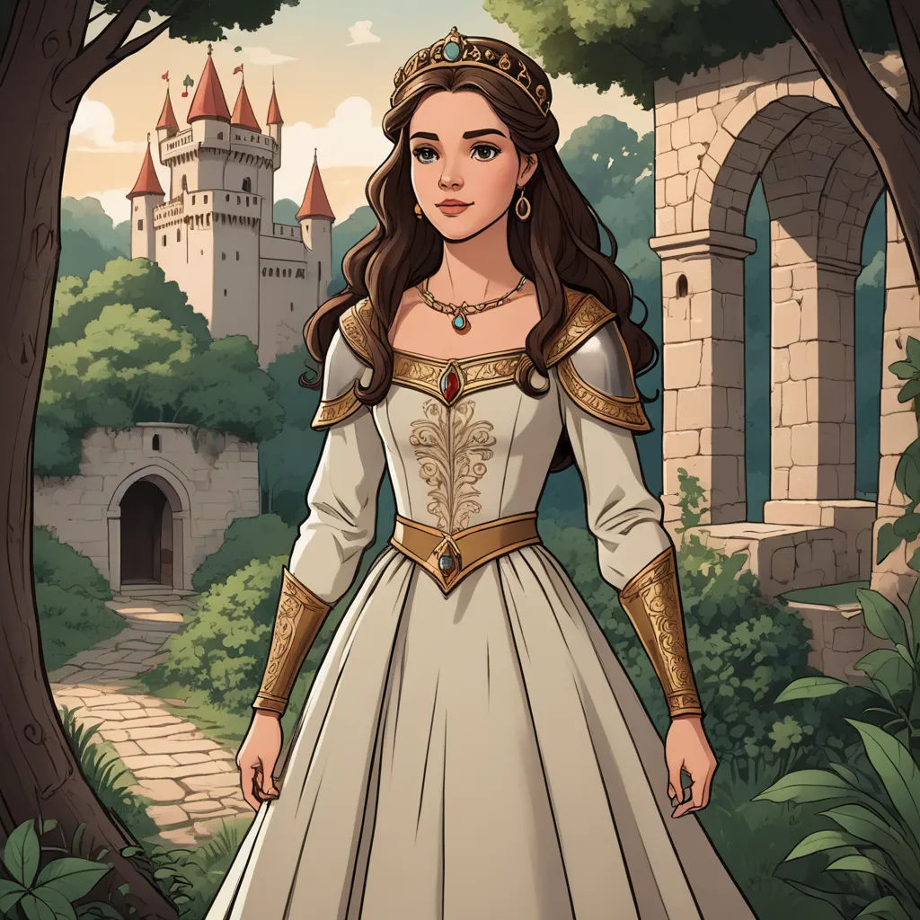a woman in a white dress standing in front of a castle with a castle in the background and trees, fantasy art, a character portrait, Clarice Beckett, character portrait