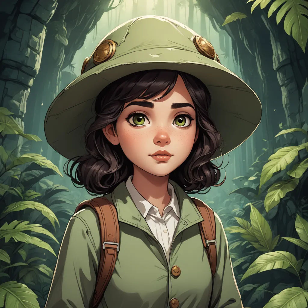 a girl in a green hat standing in a forest with ferns and ferns on the trees behind her is a green jacket and backpack, fantasy art, a character portrait, Ada Hill Walker, character portrait