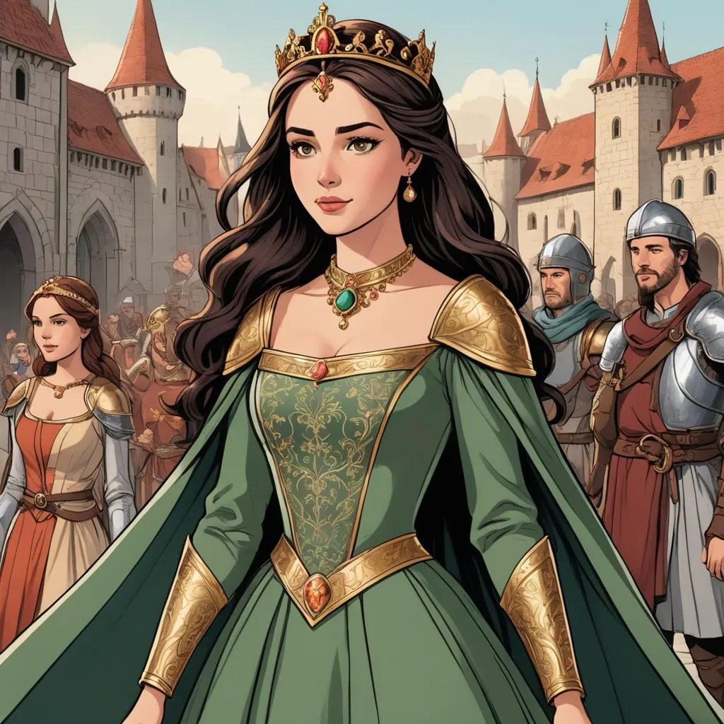 a woman in a green dress standing in front of a group of people in medieval costumes and armors, fantasy art, a storybook illustration, Aramenta Dianthe Vail, medieval