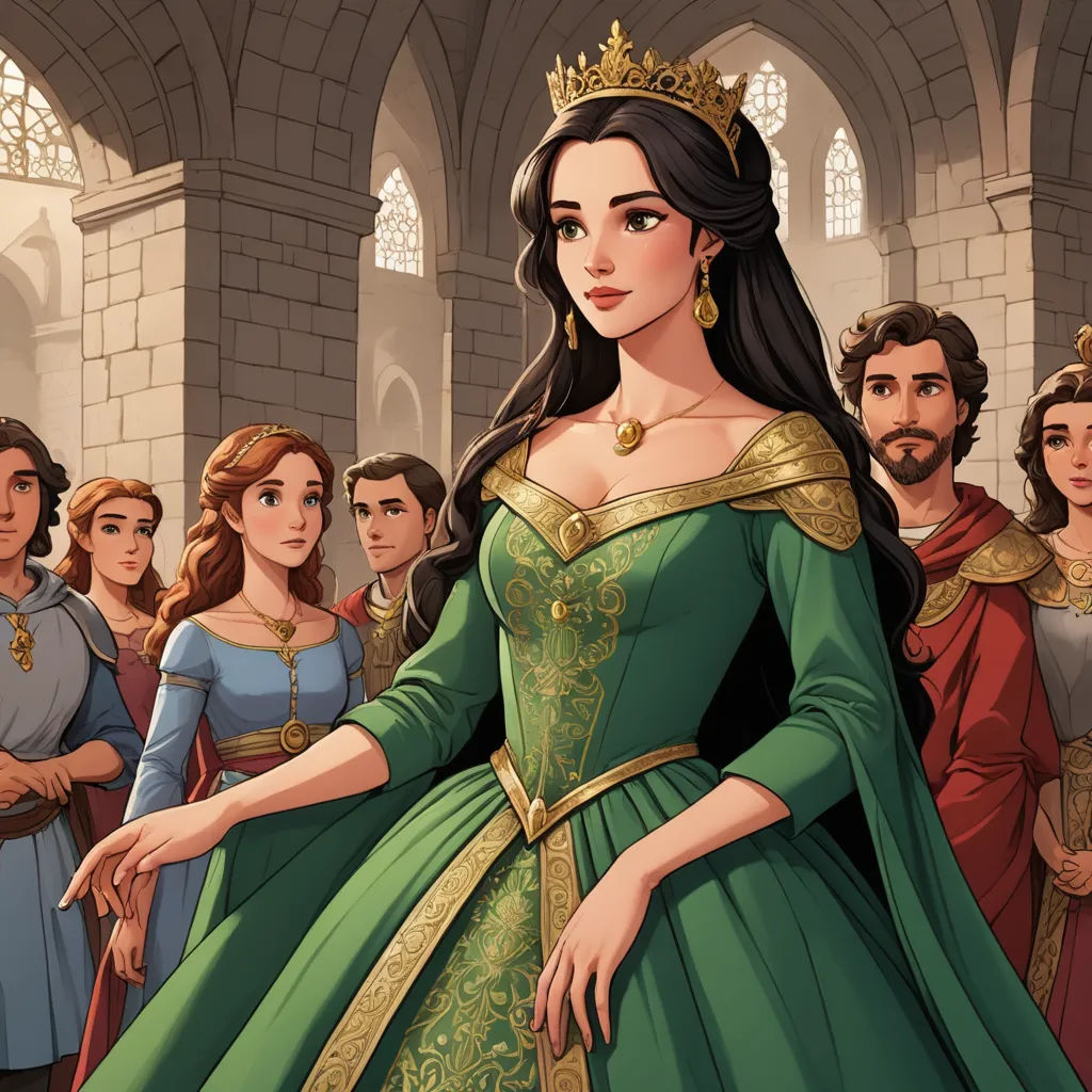 a woman in a green dress standing in front of a group of people in medieval dress and tiara, sots art, a storybook illustration, Altoon Sultan, official art
