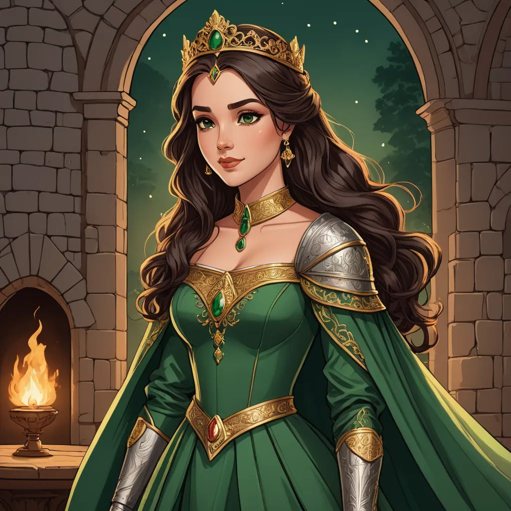 a woman in a green dress and a tiara standing in front of a fireplace with a fire place, fantasy art, a character portrait, Anne Stokes, fantasy character portrait