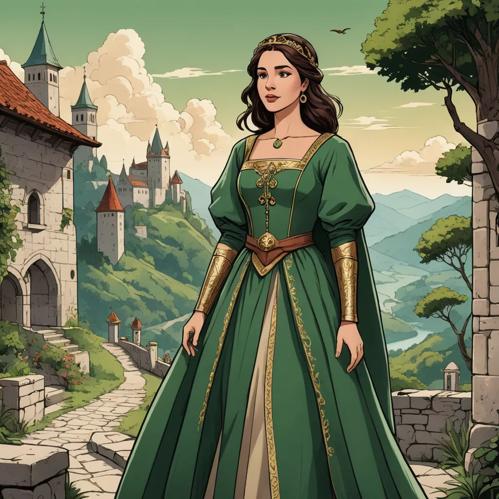 a woman in a green dress standing in front of a castle with a castle in the background and a bird flying overhead, fantasy art, a storybook illustration, Aramenta Dianthe Vail, fantasy illustration