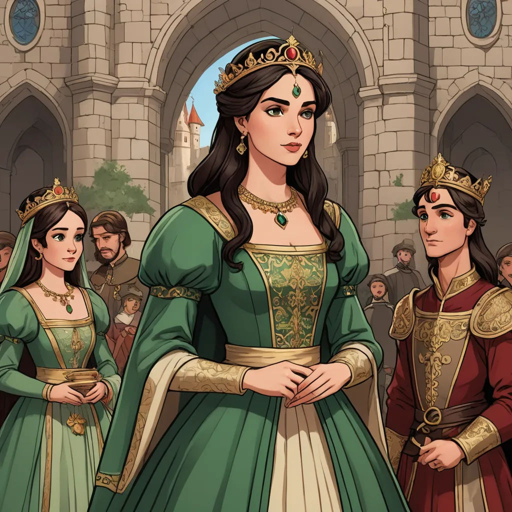 a cartoon of a woman in a green dress and two other women in red and green dresses and gold crowns, sots art, a detailed painting, Altoon Sultan, official art