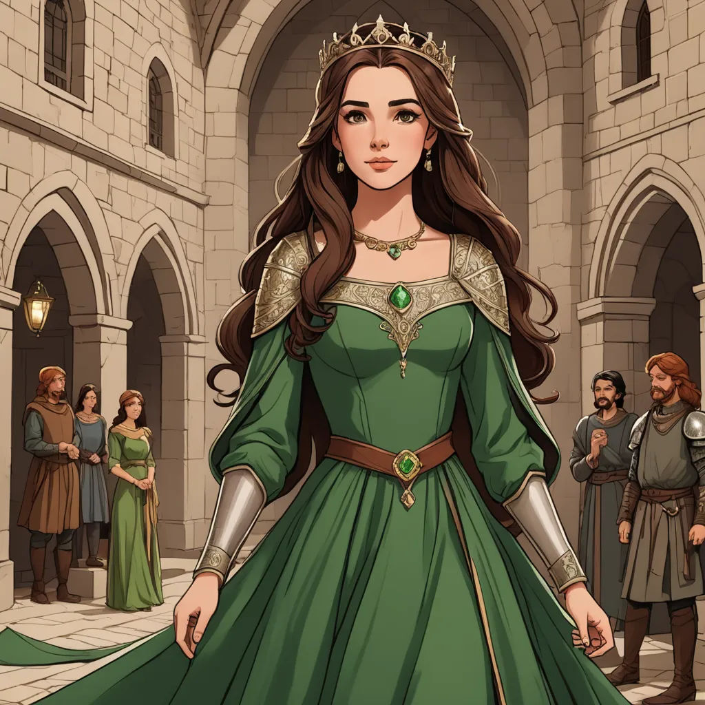 a woman in a green dress standing in front of a group of people in medieval dress and a crown, fantasy art, a character portrait, Clarice Beckett, official art