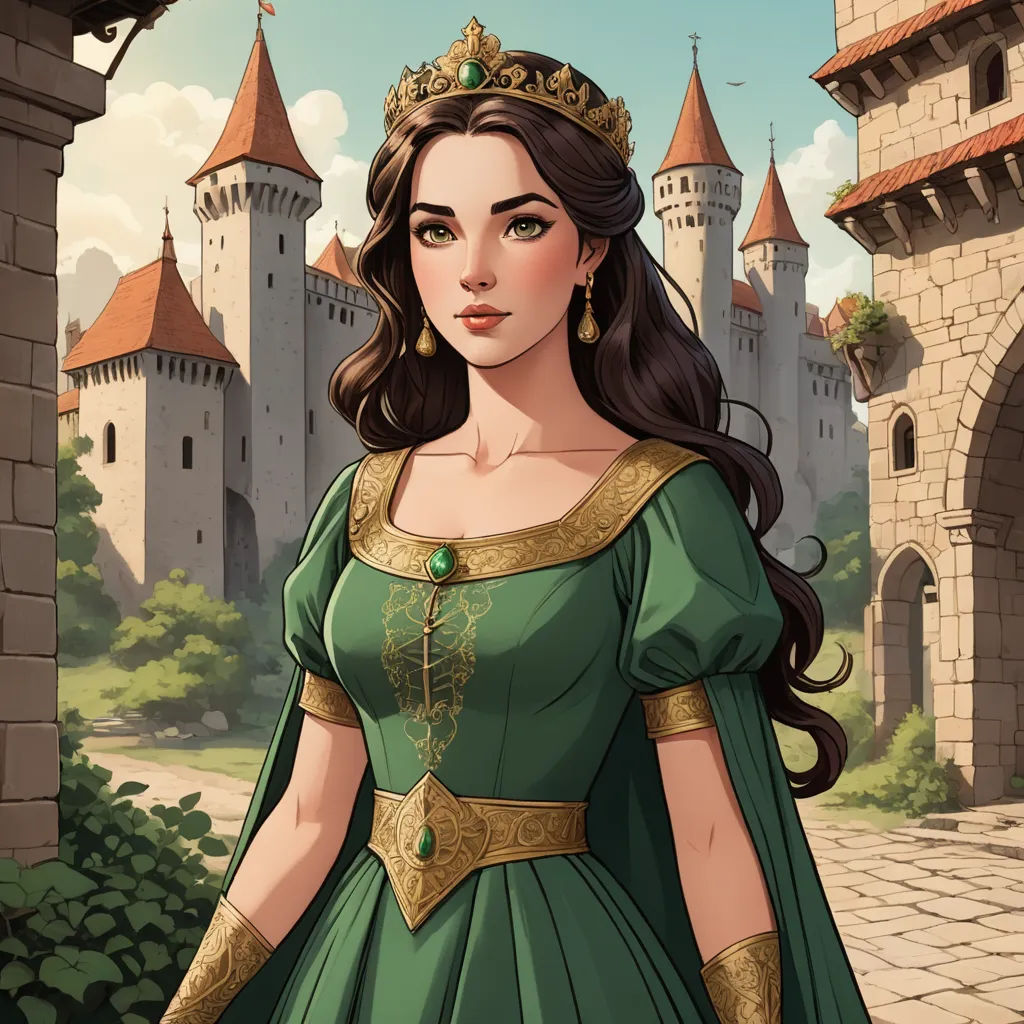 a woman in a green dress and a crown standing in front of a castle with a gate and a stone walkway, fantasy art, a character portrait, Charlie Bowater, fantasy illustration