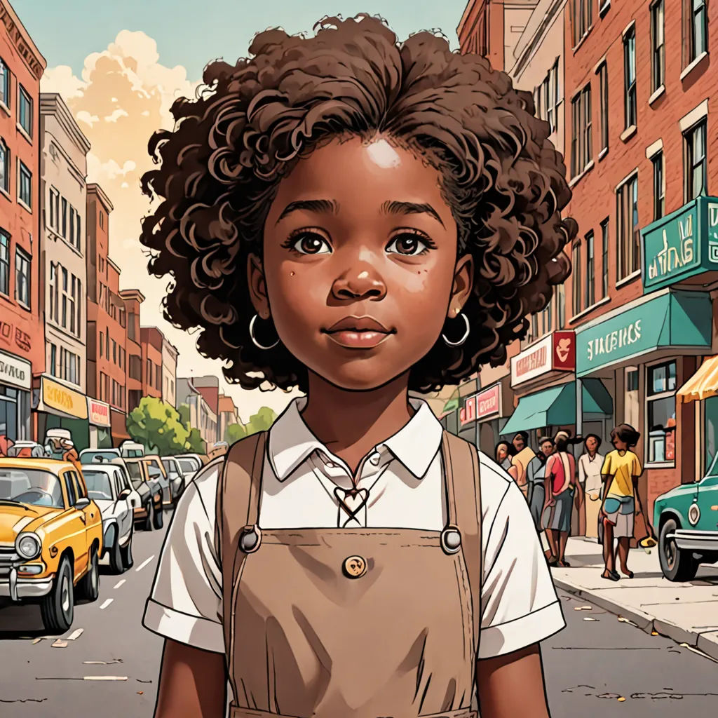 a cartoon of a girl in a brown apron and white shirt on a city street with a yellow taxi, harlem renaissance, a character portrait, Constance Gordon-Cumming, comic cover art