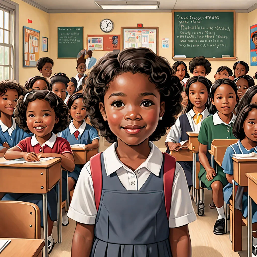 a painting of a girl in a classroom with other children in the background, all wearing school uniforms and smiling, harlem renaissance, a storybook illustration, Chinwe Chukwuogo-Roy, highly detailed digital painting